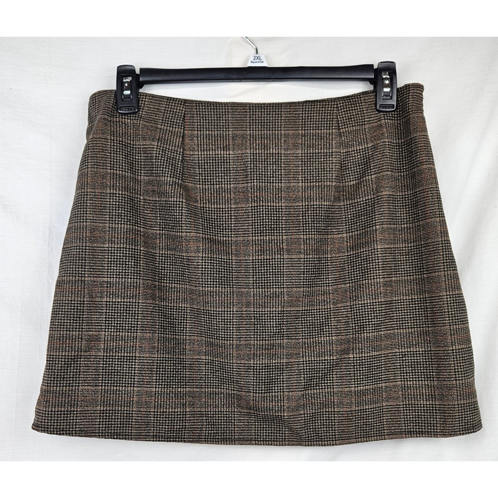 Old Navy Brown Plaid Mini Skirt Side Zip Front Slit Lined Women Large Preppy - Picture 2 of 5